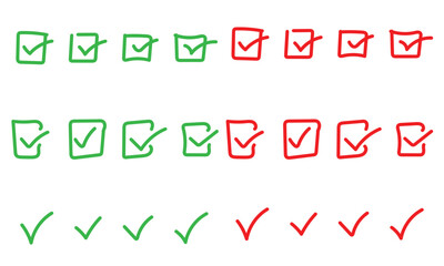Check tick mark icon set. hand drawn sketch doodle brush marker checklist symbol, wrong right circle. Vector Illustration