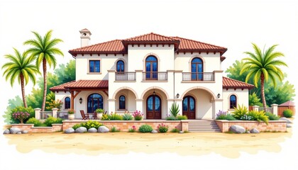 watercolor painting, mediterranean two story house with arched doorways, red tile roof, beachfront setting, white background