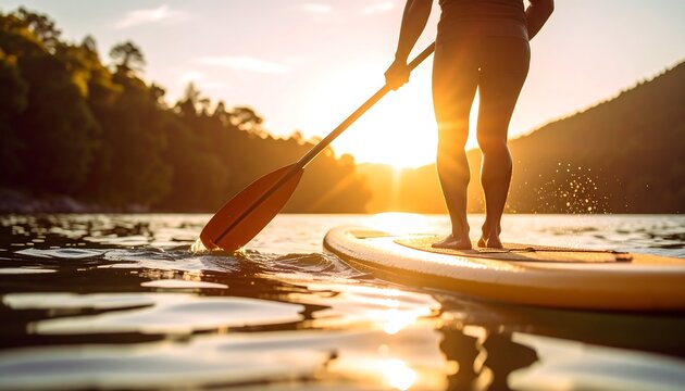 Person paddleboarding at sunset - Powered by Adobe