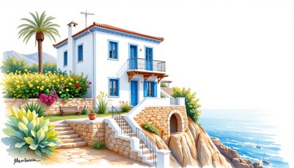 watercolor painting, mediterranean two story house with white stucco, blue trim, seaside cliff setting, white background, photorealistic