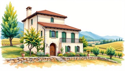 watercolor painting, mediterranean two story house with terracotta tiles, stucco walls, vineyard hill setting, white background