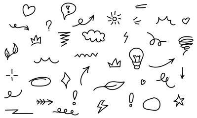 Naklejka premium Line marker hand drawn brush arrow element set. graphic pen underline scribble icon. Hand drawn line heart, crown, star symbol. Vector illustration