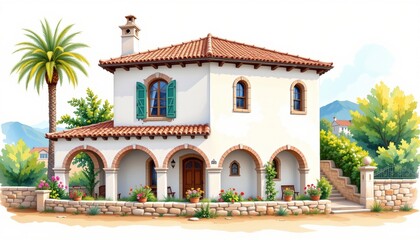 watercolor painting, mediterranean two story house with stucco arches, terracotta roof, coastal village setting, white background