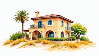 watercolor painting, mediterranean two story house with arched windows, ochre facade, coastal dune setting, white background