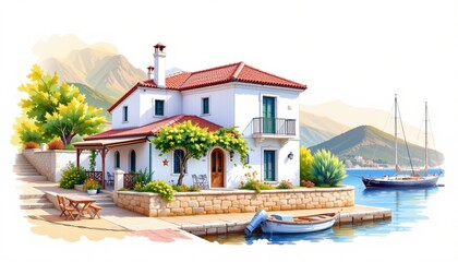 watercolor painting, mediterranean two story house with white plaster, red tiles, harbor setting, white background, photorealistic