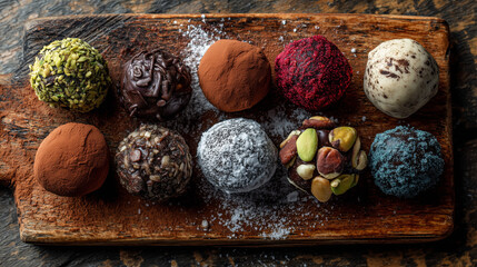 Assorted Chocolate Bonbons on Rustic Wooden Board, Top View