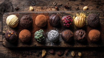 Assorted Chocolate Bonbons on Rustic Wooden Board, Top View