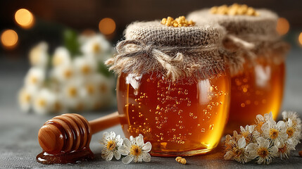 Honey Jars with Dippers, Flowers, and Bee Pollen on White Background