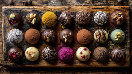Assorted Chocolate Bonbons on Rustic Wooden Board, Top View