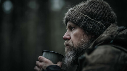 Man Drinking Coffee During Break in Nordic Forest, Early Spring