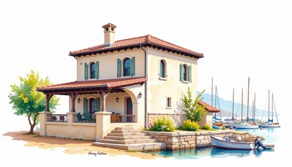watercolor painting, mediterranean two story house with terracotta tiles, stucco walls, harbor setting, white background, photorealistic