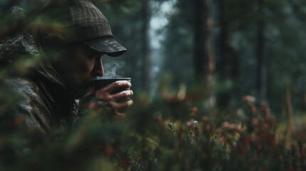 Man Drinking Coffee During Break in Nordic Forest, Early Spring