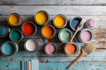 Overhead View of Colorful Paint Cans and Brush on Rustic Table