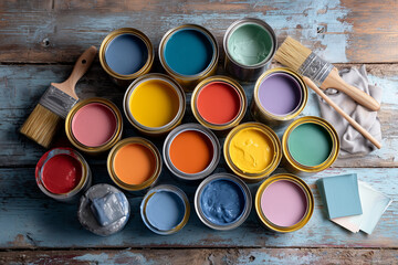 Overhead View of Colorful Paint Cans and Brush on Rustic Table