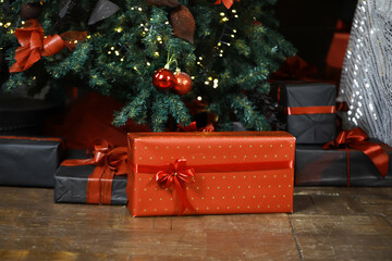 Festive Christmas Scene with Decorated Tree and Wrapped Presents Underneath