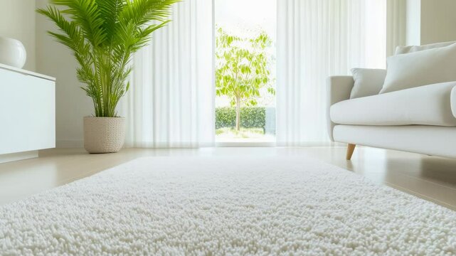Bright modern living room interior with white carpet, sofa, and potted green plant near large window with sheer curtains creating a clean and minimalist home design concept