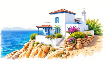 watercolor painting, mediterranean two story house with white stucco, blue trim, seaside cliff setting, white background, photorealistic