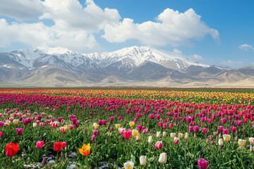 Beautiful vertical landscape of tulip field with snowy mountains in the background