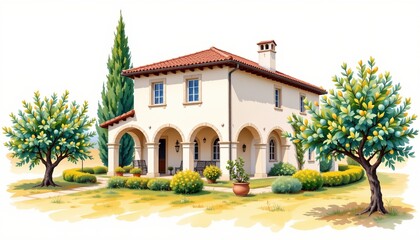 watercolor painting, mediterranean two story house with arched doorways, red roof, olive orchard setting, white background, photorealistic