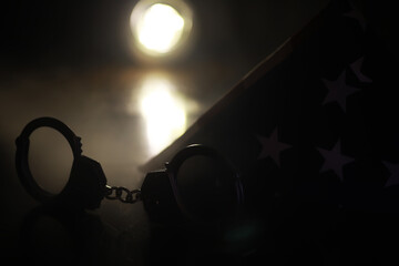 Handcuffs and Folded American Flag Against Spotlight Backdrop - Symbol of Justice and Patriotism
