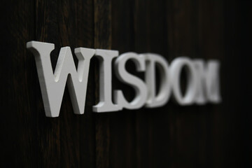 Close-up of White 'WISDOM' Letters on Dark Wooden Background