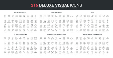 Cloud computing, digital network and data processing structure, information technology, communication line icon set. New business investment, SEO service thin black outline symbols vector illustration