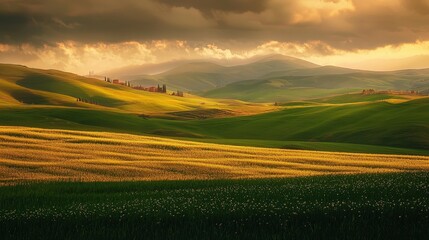 Obraz premium Green spring hills young grass amazing growing fields and hills cloudy sunset of rural landscape