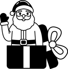 black and white illustration of a Santa in a gift box