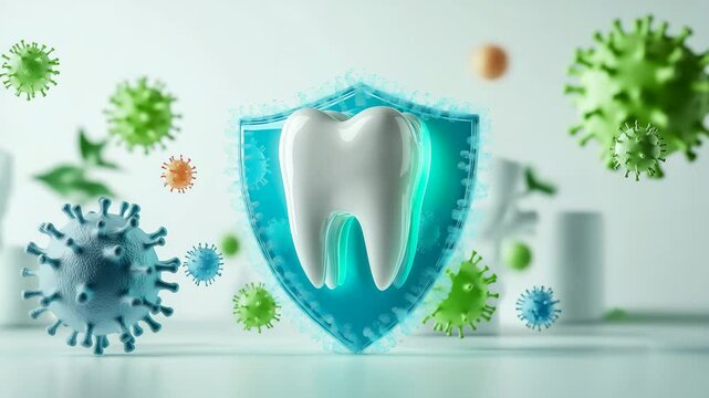 Healthy tooth protected by blue shield surrounded by viruses and bacteria particles illustrating dental care, protection, and oral hygiene concept
