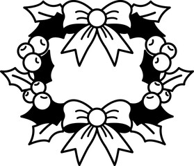 black and white illustration of a christmas wreath