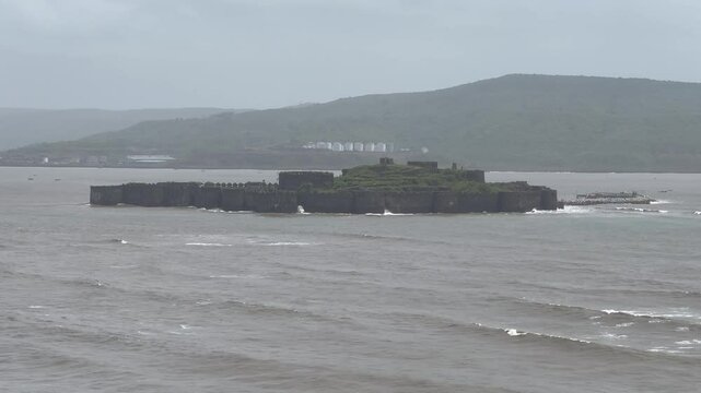 Scenic views of Murud-Janjira Fort off the Konkan coast of Maharashtra, India &mdash; a historic sea fort known for its impregnable walls, surrounded by the Arabian Sea and captured during monsoon with cras