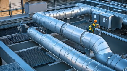 Rooftop HVAC technician inspecting large industrial ventilation system pipes.