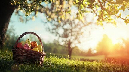 Easter painted eggs in basket on grass in sunny orchard