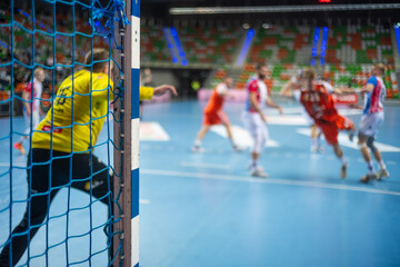 Detail of handball goal post with net and handball match in the background.