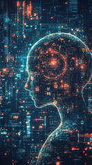 Silhouette of a human head with digital data and circuits flowing through it, symbolizing artificial intelligence.
