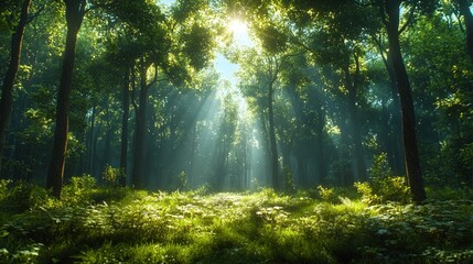 Obraz premium Serene sunlit forest with lush green undergrowth, peaceful woodland landscape