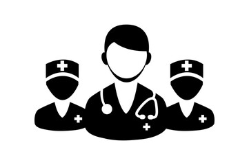Doctor Icon. A male Doctor icon both wearing stethoscopes.The minimalistic black and white Doctors icon. Medical Team Icon. Simple linear icon for a group of doctors. Vector illustration.