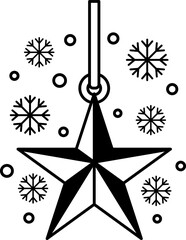 black and white illustration of a star with a ribbon hanging from it