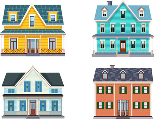 Set of house exteriors, vector illustration. Set of country houses for design. Set of townhouses with roofs, verandas, windows, doors and chimneys.
