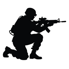  A vector silhouette of a soldier kneeling in a combat stance, holding a rifle with both hands