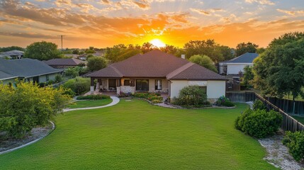 Sunset view of a single-family home with a large backyard.