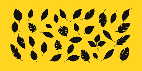 Monochrome vector collection of tropical leaves silhouettes. Clean black shapes of various botanical elements ideal for minimalist and modern graphic design projects.