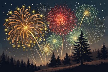 Spectacular Fireworks Display Over a Silhouetted Winter Forest at Night