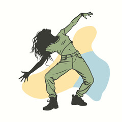 Fototapeta premium A vector silhouette of a woman in a dynamic dancing pose, with one arm stretched upwards and her body leaning 