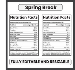 Fototapeta premium spring break nutrition facts vacation parody label beach vibes nutrition label travel break infographic spring holiday humor party mode nutrition facts