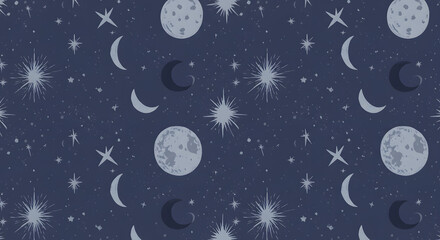 Naklejka premium Celestial Night Sky Pattern Moons, Stars, and Constellations Seamless Design