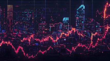Financial Data Overlay on Urban Skyline at Night