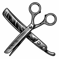 Barber shop emblem with crossed scissors and straight razor. Classic barber shop tools create stylish crossed emblem for logo. This vintage barber shop design is perfect for shop signage,