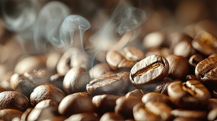 Obraz premium Close-up view of coffee beans with steam rising.