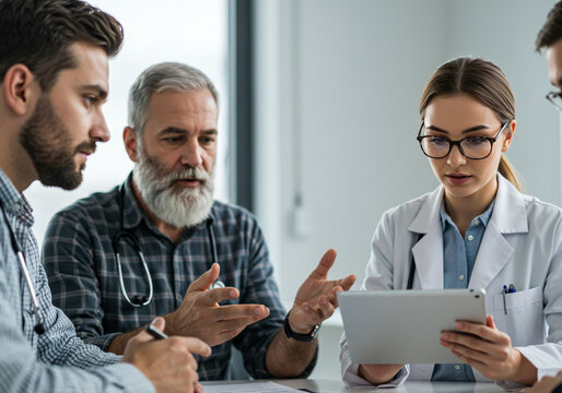 Medical professionals in a meeting, discussing a digital tablet.